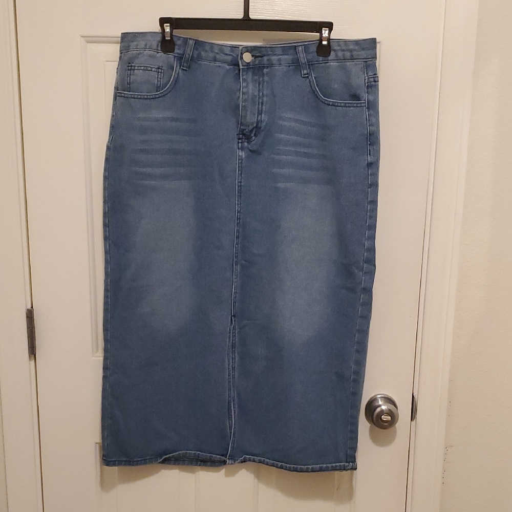 Blue Medium Wash Denim Midi Skirt